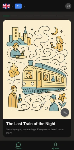 ToTo app showing an illustrated English story with a train scene and vocabulary highlighting