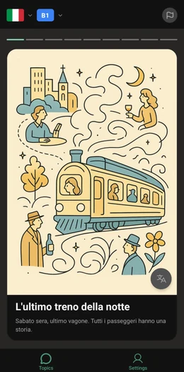 ToTo app showing an illustrated Italian story with a train scene and vocabulary highlighting
