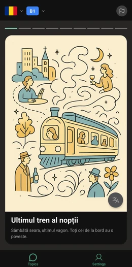 ToTo app showing an illustrated Romanian story with a train scene and vocabulary highlighting