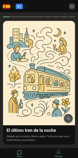 ToTo app showing an illustrated Spanish story with a train scene and vocabulary highlighting
