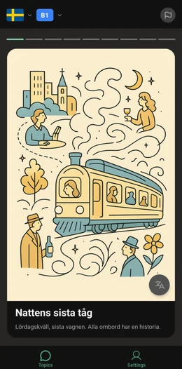 ToTo app showing an illustrated Swedish story with a train scene and vocabulary highlighting