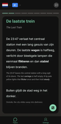 ToTo app reading view showing a Dutch story with bilingual parallel text and bold vocabulary words