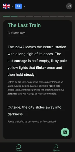 ToTo app reading view showing an English story with bilingual parallel text and bold vocabulary words