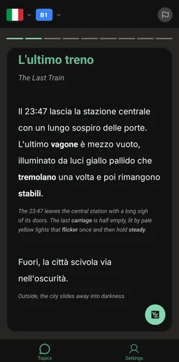ToTo app reading view showing an Italian story with bilingual parallel text and bold vocabulary words