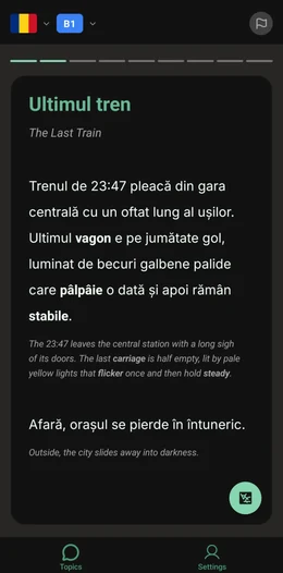 ToTo app reading view showing a Romanian story with bilingual parallel text and bold vocabulary words