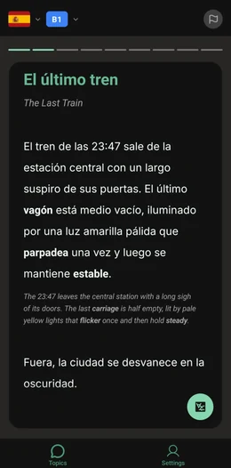 ToTo app reading view showing a Spanish story with bilingual parallel text and bold vocabulary words