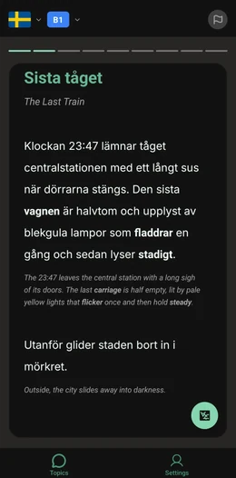 ToTo app reading view showing a Swedish story with bilingual parallel text and bold vocabulary words